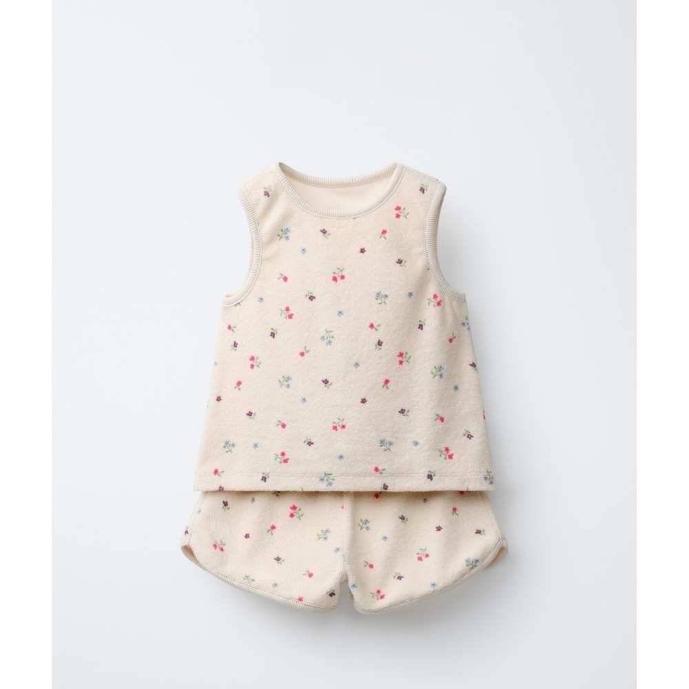 Zara Terry Cloth Set Girls 6 Cream Excellent Floral Tank Shorts Loungewear